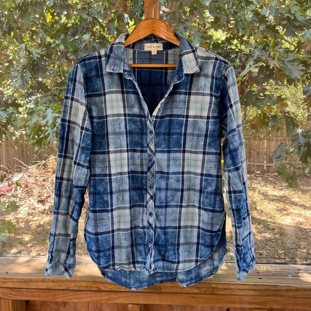 Anthropologie Cloth & Stone Women's Blue Plaid Button Down Shirt Size L
